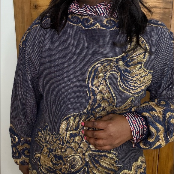 Nautical knit  blue and gold boat neck  long sleeve light weight sweater - Picture 7 of 11